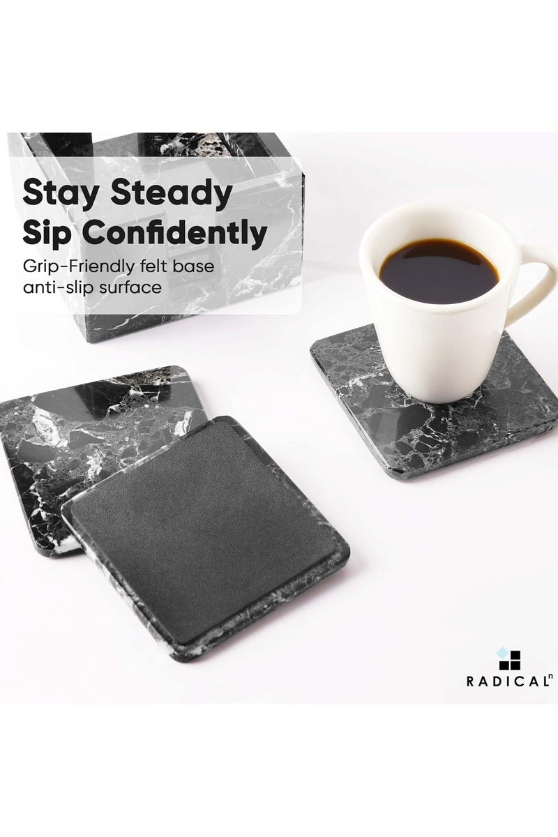 راديكالن طقم من ٦ قواعد أكواب رخامية مربعة سوداء مع حامل | ديكور منزلي وطاولة مصنوع يدويًا - Image 4