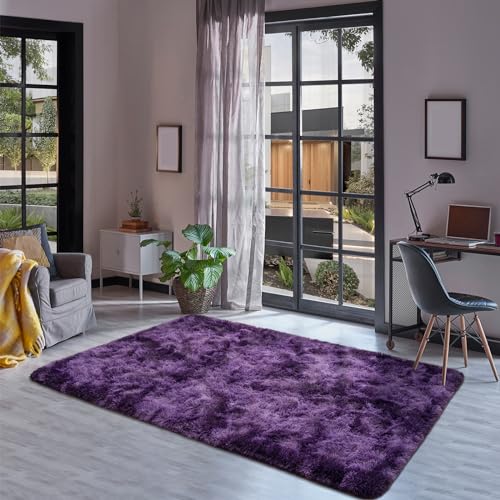 Goideal Fluffy Rug for Bedroom Living Room, 5x7 Purple Area Rugs, Faux Fur Shag Modern Carpet Ultra Soft Girls Boys Room Home Decor, Tie-Dyed - Image 4