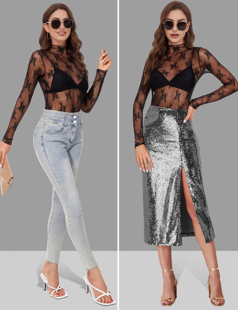 Buauty Mesh Long Sleeve Top for Women, Lace Sheer Tops See Through Mock Neck Floral Embroidery Sheer Blouce Fishnet Shirt Black - Image 5