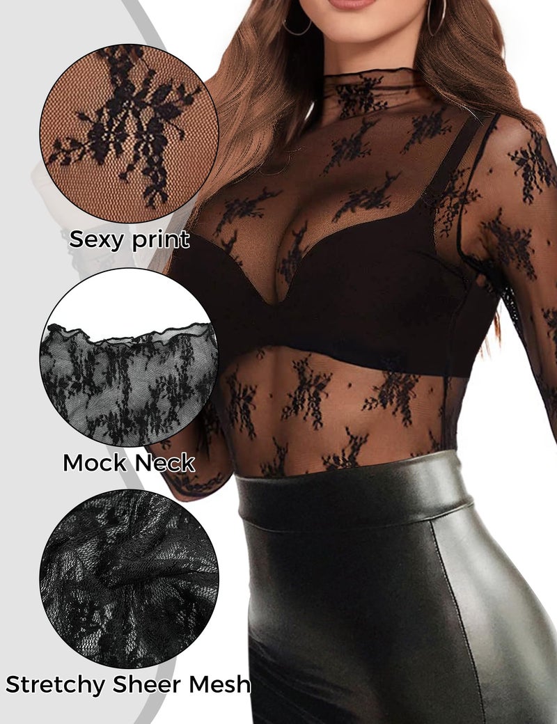 Buauty Mesh Long Sleeve Top for Women, Lace Sheer Tops See Through Mock Neck Floral Embroidery Sheer Blouce Fishnet Shirt Black - Image 4