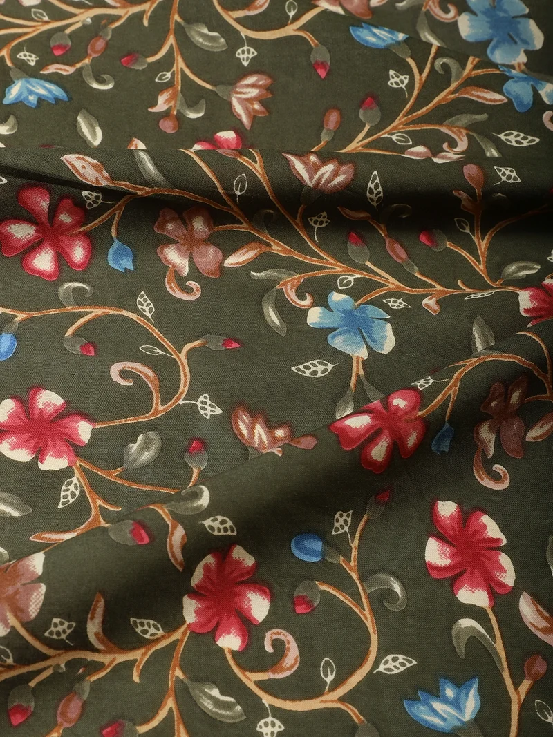 أيه كيه إس Olive Green Floral Print Fabric