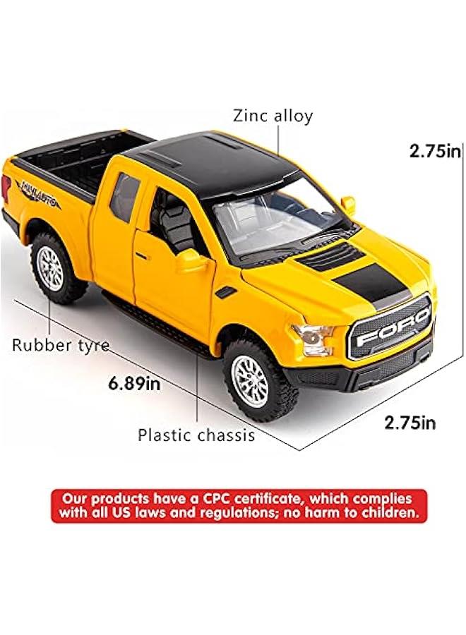 متوافق مع نموذج سيارة فورد رابتور F150 بيك اب بمقياس 1:32، سيارة لعبة مصبوبة قابلة للسحب للخلف مع صوت وإضاءة للأطفال الأولاد والبنات، هيكل معدني، أصفر - Image 2