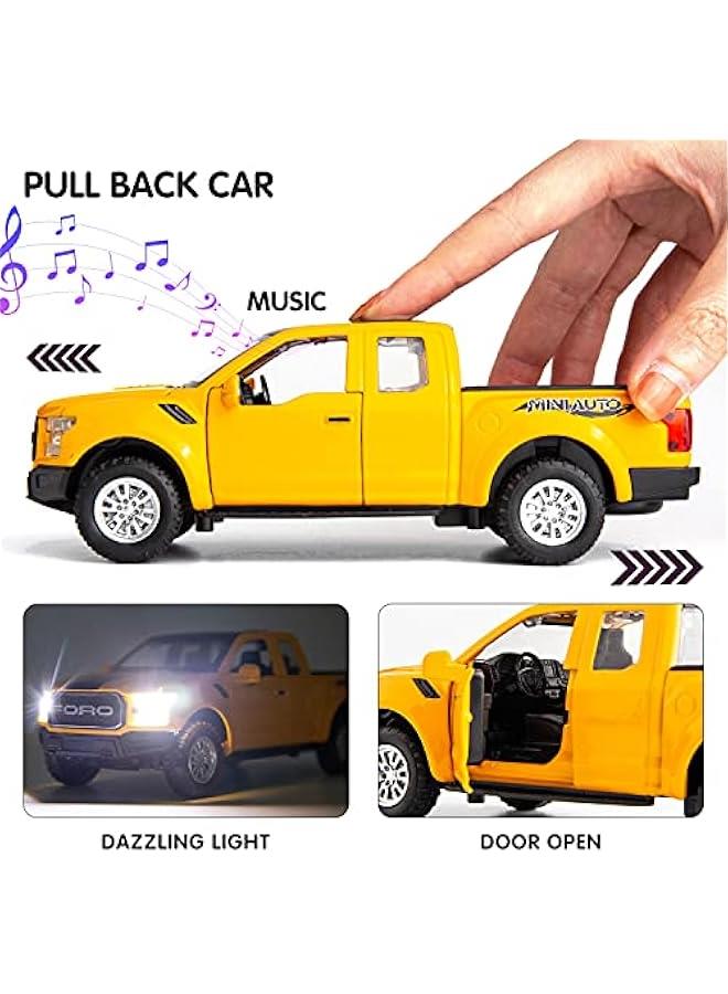 متوافق مع نموذج سيارة فورد رابتور F150 بيك اب بمقياس 1:32، سيارة لعبة مصبوبة قابلة للسحب للخلف مع صوت وإضاءة للأطفال الأولاد والبنات، هيكل معدني، أصفر - Image 3
