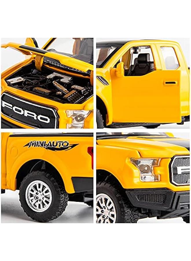 متوافق مع نموذج سيارة فورد رابتور F150 بيك اب بمقياس 1:32، سيارة لعبة مصبوبة قابلة للسحب للخلف مع صوت وإضاءة للأطفال الأولاد والبنات، هيكل معدني، أصفر - Image 4