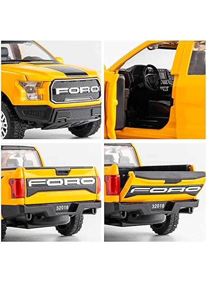 متوافق مع نموذج سيارة فورد رابتور F150 بيك اب بمقياس 1:32، سيارة لعبة مصبوبة قابلة للسحب للخلف مع صوت وإضاءة للأطفال الأولاد والبنات، هيكل معدني، أصفر - Image 5