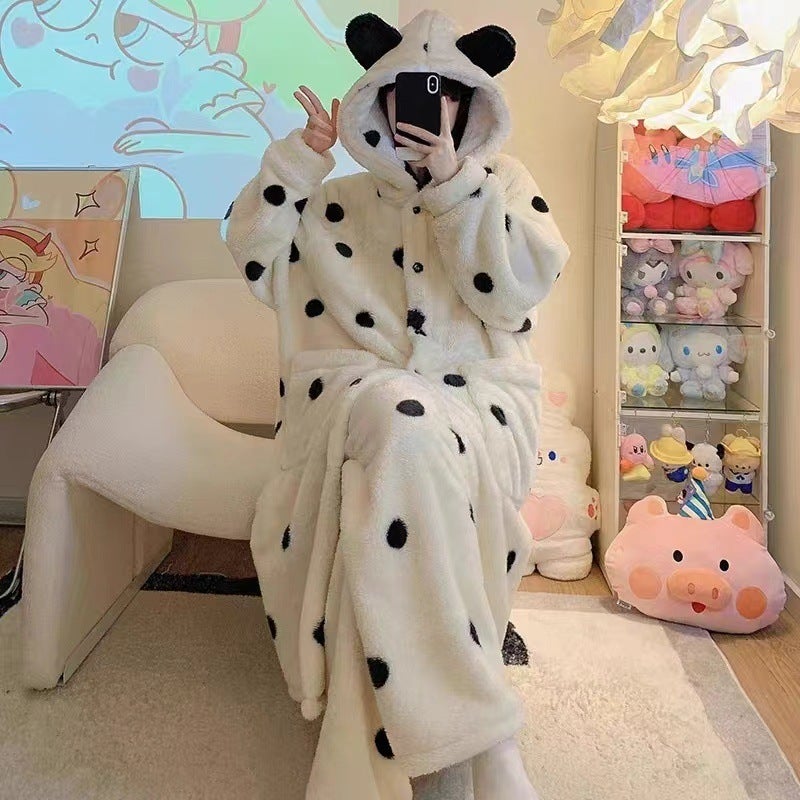 Cute Bear Hooded Fleece Winter Robe Polka dots [nightgown + pants] 