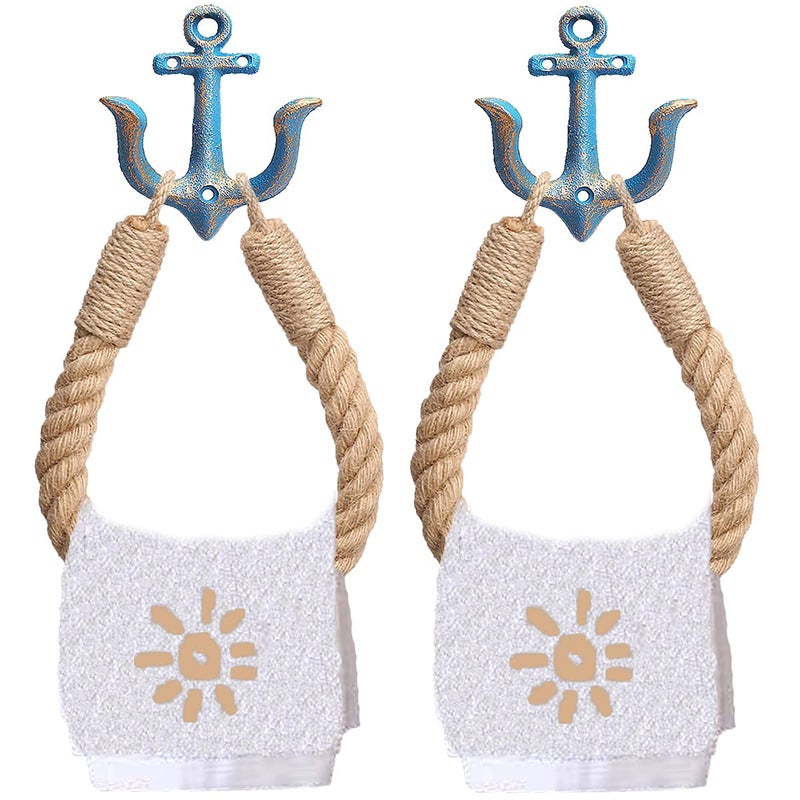 Amerla 2 Pcs Nautical Rope Toilet Paper Holder WallMounted Towel Ring Nautical Toilet Paper Holder with Metal Hooks Coastal Towel Rack Natural Antique Rope BlueBlue