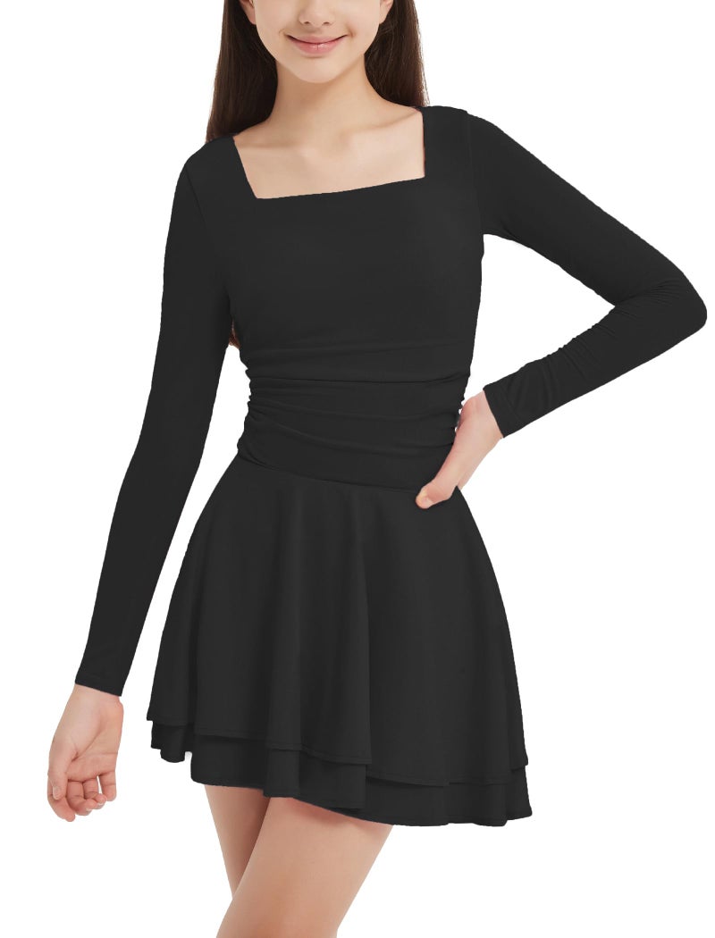EXARUS Girls Dresses with Pads Long Sleeve Mini Short Square Neck A-Line Skater Tween Formal Ruffle Hem Ruched Flowy Dress Black 12Y - Image 1