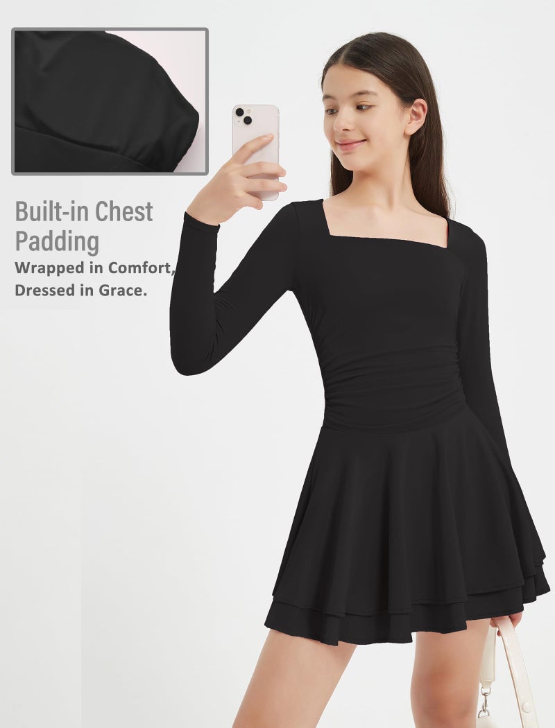 EXARUS Girls Dresses with Pads Long Sleeve Mini Short Square Neck A-Line Skater Tween Formal Ruffle Hem Ruched Flowy Dress Black 12Y - Image 2