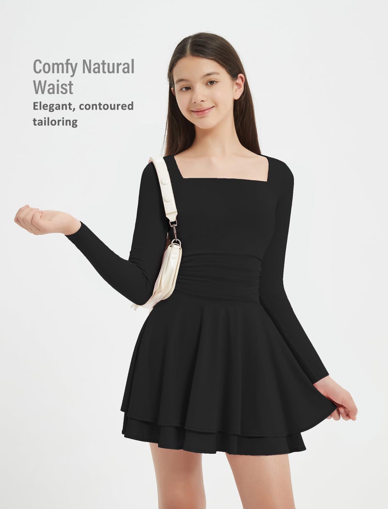 EXARUS Girls Dresses with Pads Long Sleeve Mini Short Square Neck A-Line Skater Tween Formal Ruffle Hem Ruched Flowy Dress Black 12Y - Image 4