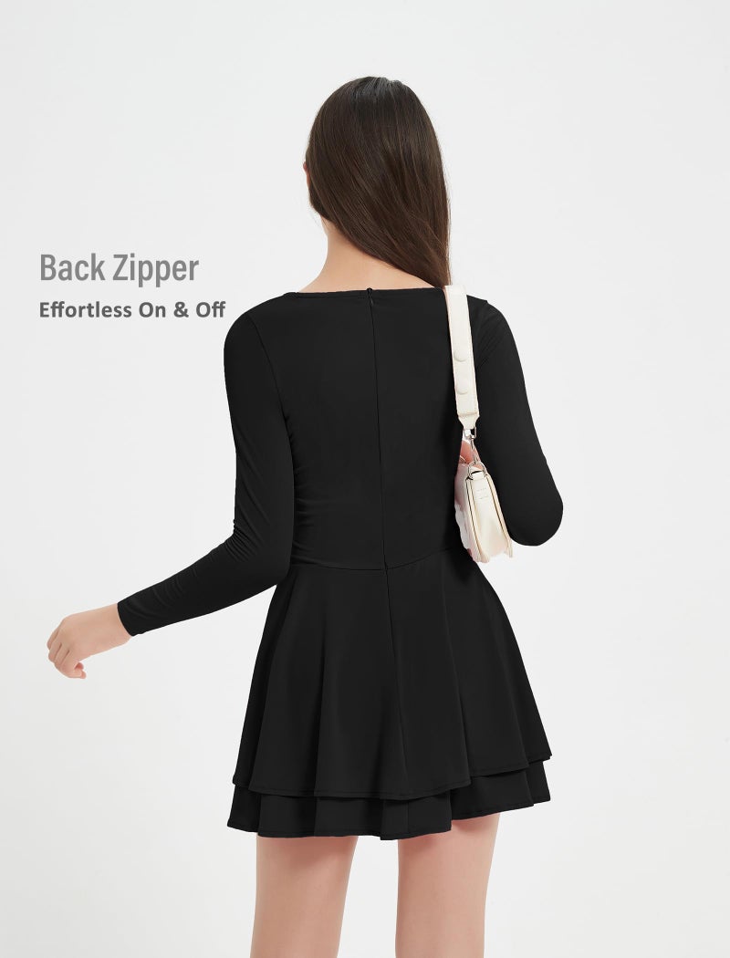 EXARUS Girls Dresses with Pads Long Sleeve Mini Short Square Neck A-Line Skater Tween Formal Ruffle Hem Ruched Flowy Dress Black 12Y - Image 5