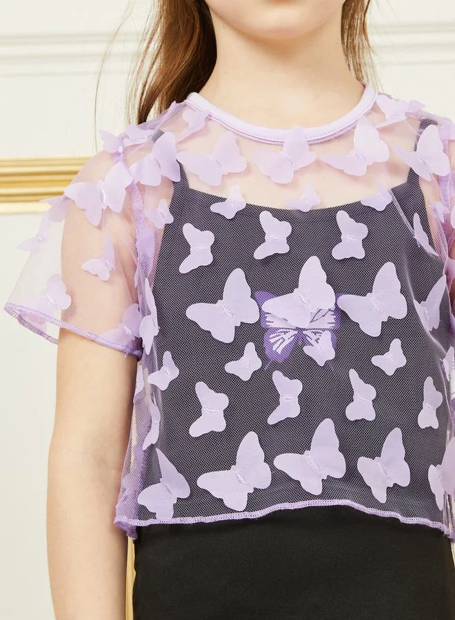 Styli Butterfly Applique Crop Top and Cami Dress Set