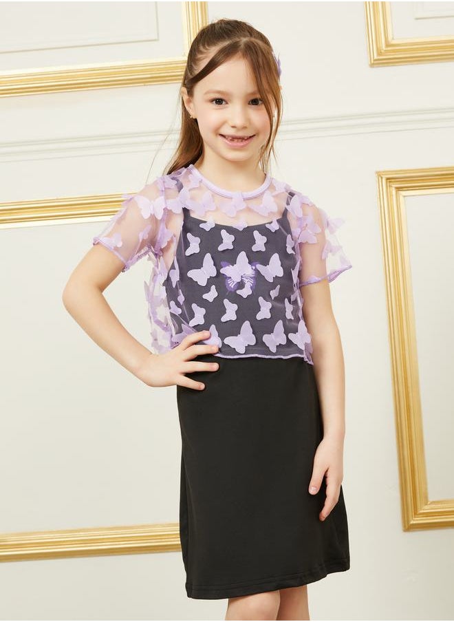 Styli - Butterfly Applique Crop Top and Cami Dress Set - Image 1