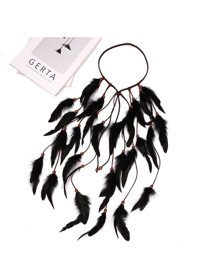 GENBREE Boho Feather Headbands Indian Headdress Gypsy Headpiece Black Hippie Headband Adjustable Long Feather Hair Accessories for Women and Girls - Image 3