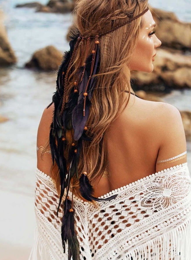 GENBREE Boho Feather Headbands Indian Headdress Gypsy Headpiece Black Hippie Headband Adjustable Long Feather Hair Accessories for Women and Girls - Image 4