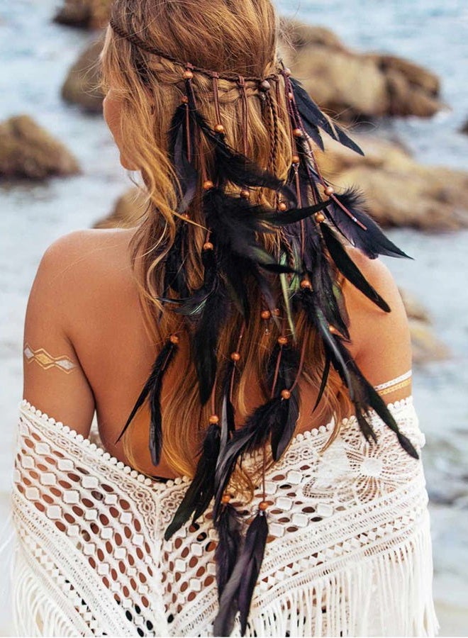 GENBREE Boho Feather Headbands Indian Headdress Gypsy Headpiece Black Hippie Headband Adjustable Long Feather Hair Accessories for Women and Girls - Image 2