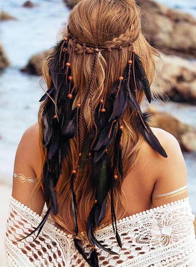 GENBREE Boho Feather Headbands Indian Headdress Gypsy Headpiece Black Hippie Headband Adjustable Long Feather Hair Accessories for Women and Girls - Image 1