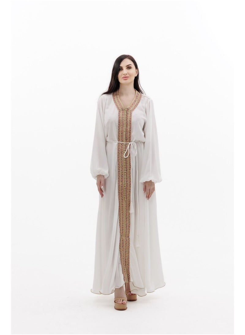 HANA & SARA فستان جلابية عربي خالص اللون من البوليستر مع حزام رفيع  - Image 1