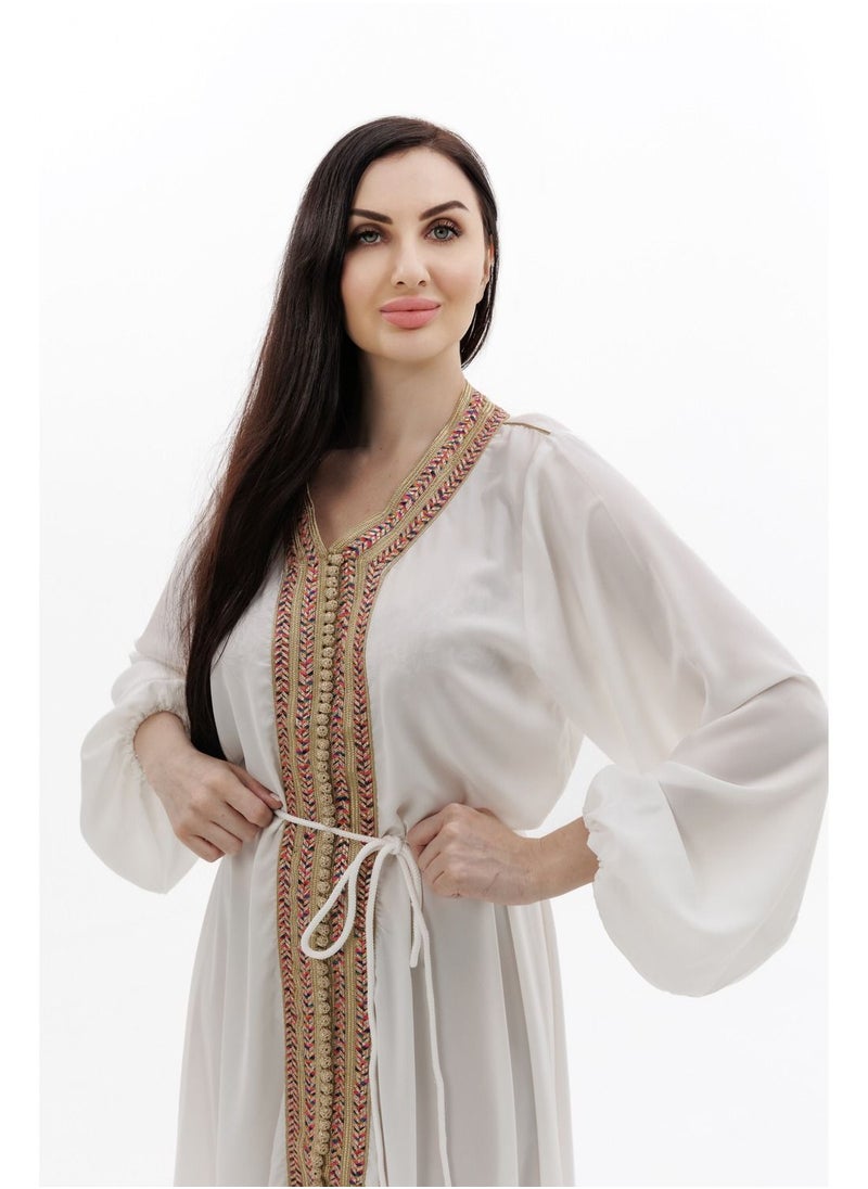 HANA & SARA فستان جلابية عربي خالص اللون من البوليستر مع حزام رفيع  - Image 3