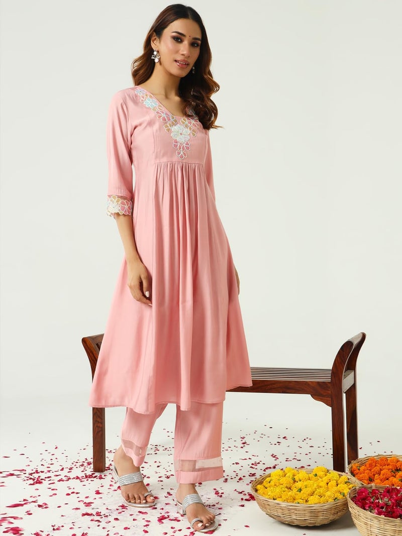 FIORRA Women's Peach Viscose Chanderi A-line Kurta with Pant and Dupatta SET0162 - Image 3