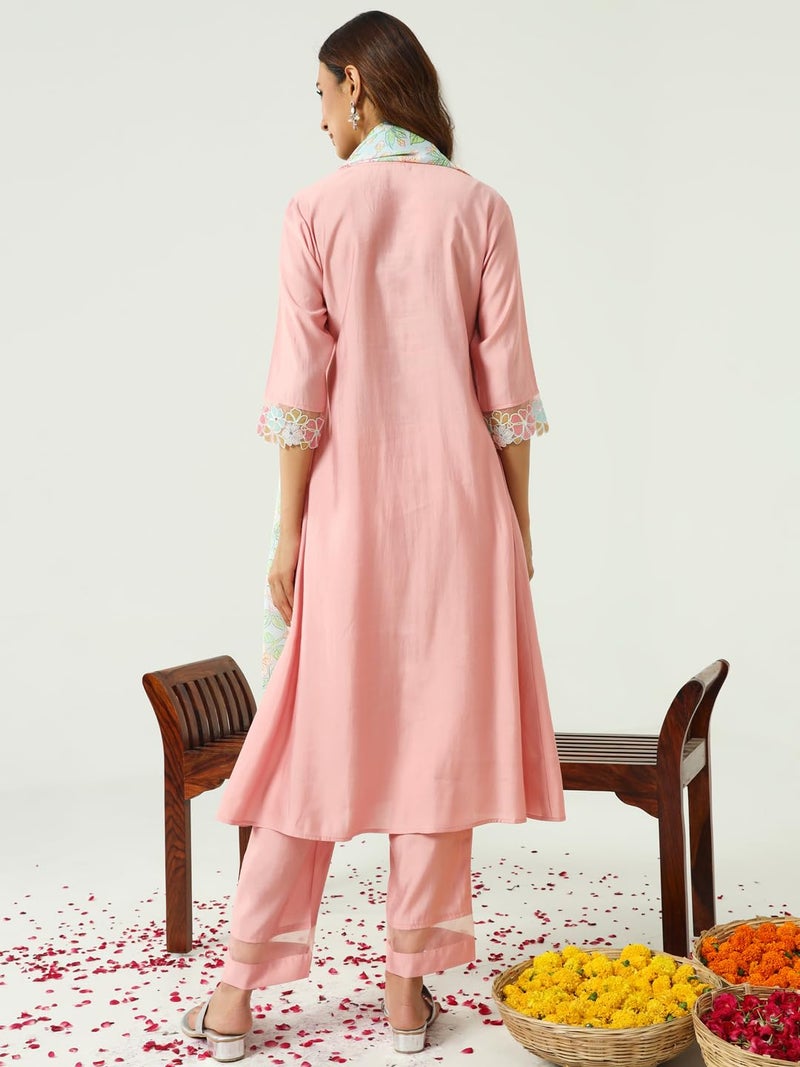 FIORRA Women's Peach Viscose Chanderi A-line Kurta with Pant and Dupatta SET0162 - Image 2