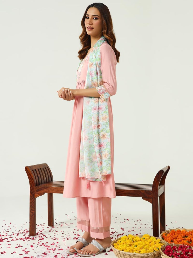 FIORRA Women's Peach Viscose Chanderi A-line Kurta with Pant and Dupatta SET0162 - Image 4
