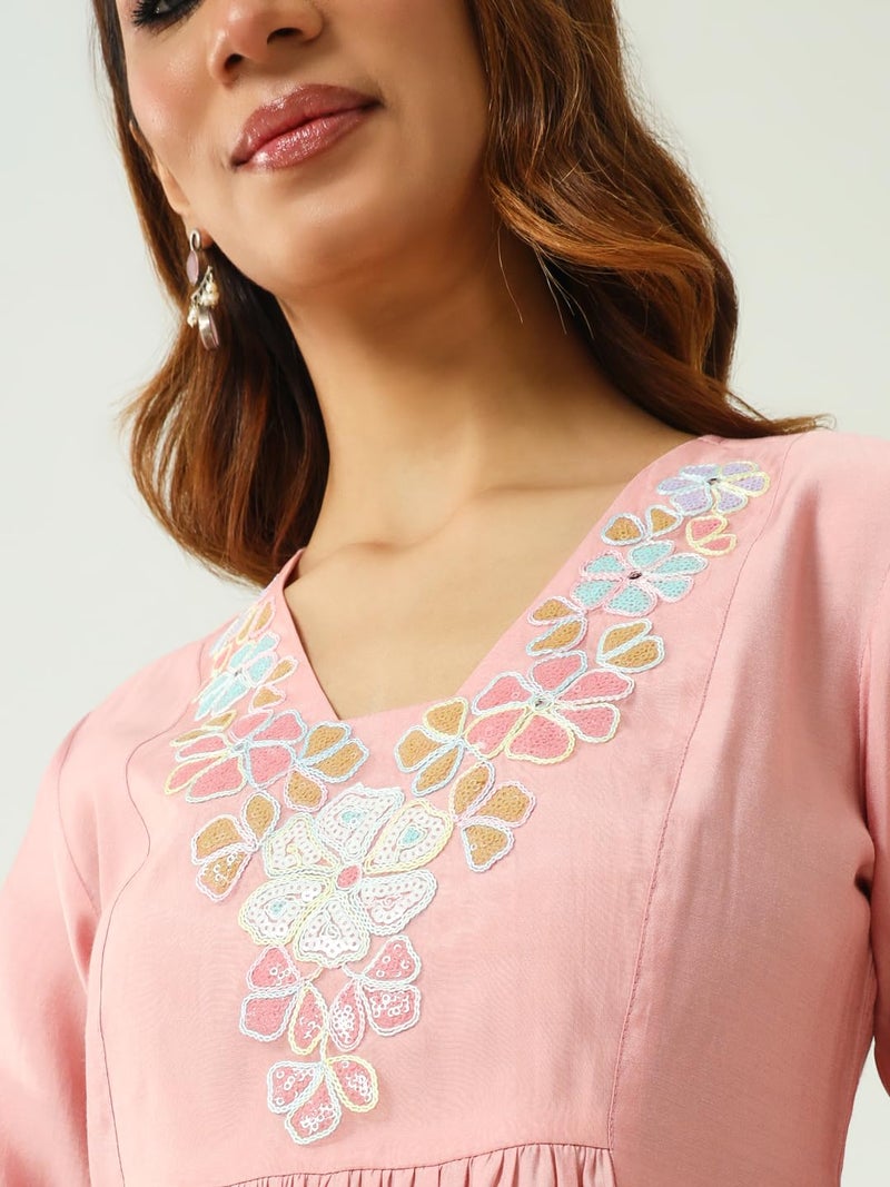 FIORRA Women's Peach Viscose Chanderi A-line Kurta with Pant and Dupatta SET0162 - Image 5