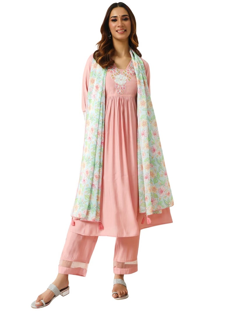 FIORRA Women's Peach Viscose Chanderi A-line Kurta with Pant and Dupatta SET0162 - Image 1