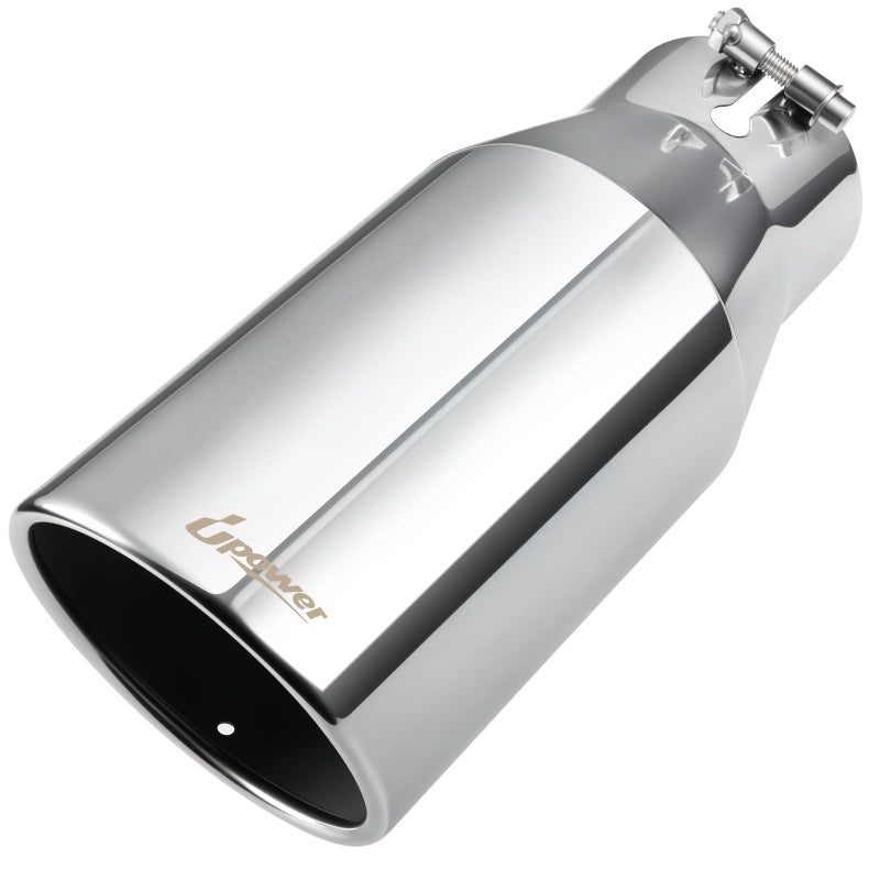 Upower 3.5 inch Inlet Exhaust Tip, 3 1/2" Inlet Diesel Exhaust Tip 5" Outlet 12" Overall Length Polished Stainless Steel Exhaust Tail Pipe, Universal Bolt on, Rolled Edge, Slant Angle Cut - Image 1