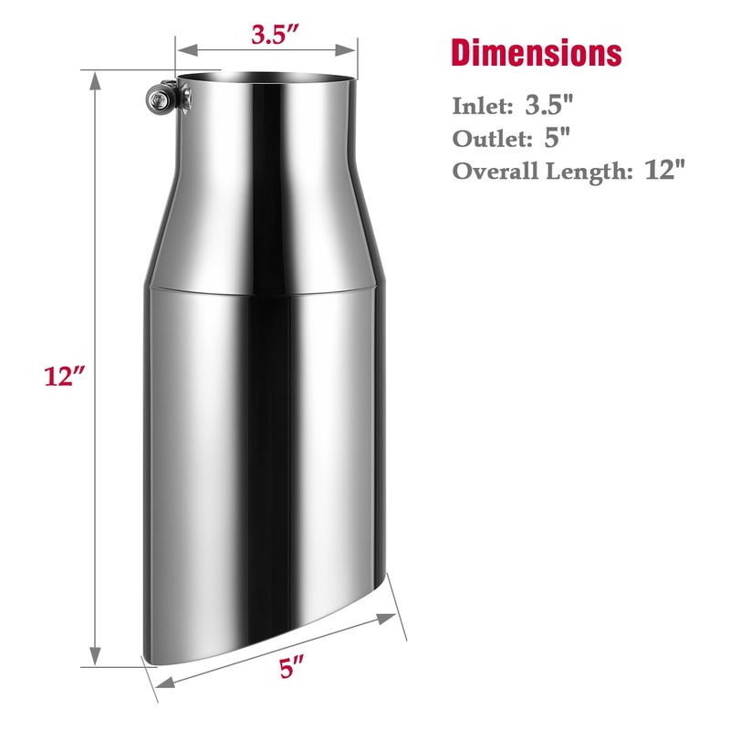 Upower 3.5 inch Inlet Exhaust Tip, 3 1/2" Inlet Diesel Exhaust Tip 5" Outlet 12" Overall Length Polished Stainless Steel Exhaust Tail Pipe, Universal Bolt on, Rolled Edge, Slant Angle Cut - Image 2