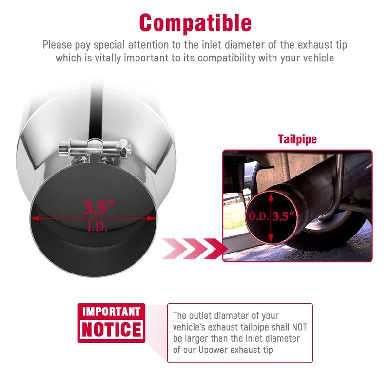 Upower 3.5 inch Inlet Exhaust Tip, 3 1/2" Inlet Diesel Exhaust Tip 5" Outlet 12" Overall Length Polished Stainless Steel Exhaust Tail Pipe, Universal Bolt on, Rolled Edge, Slant Angle Cut - Image 3