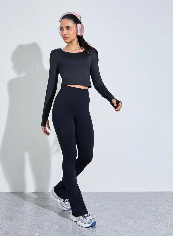 Styli Active Black Solid High-Waist Flare Active Pants