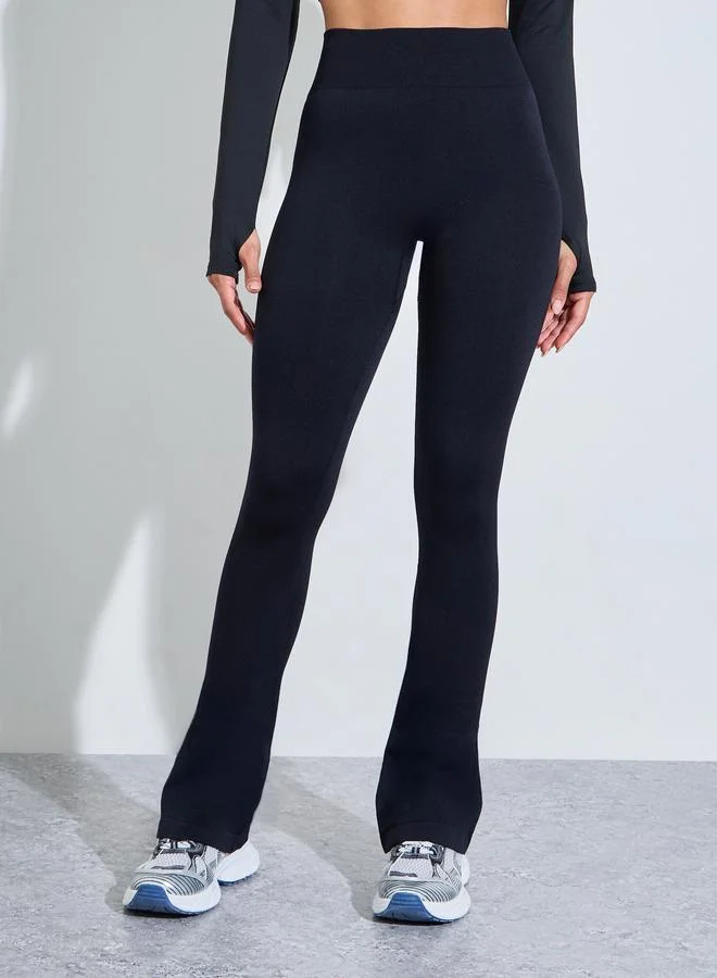 Black Solid High-Waist Flare Active Pants