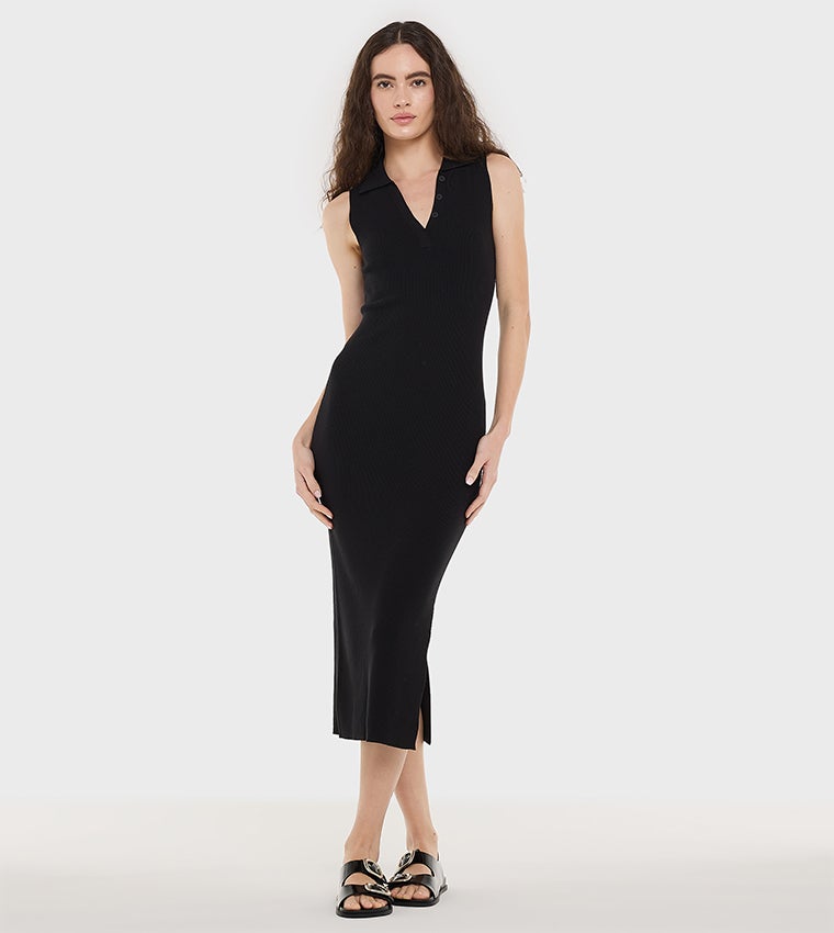 BCBG Sleeveless Flat Knit Basic Midi Dress