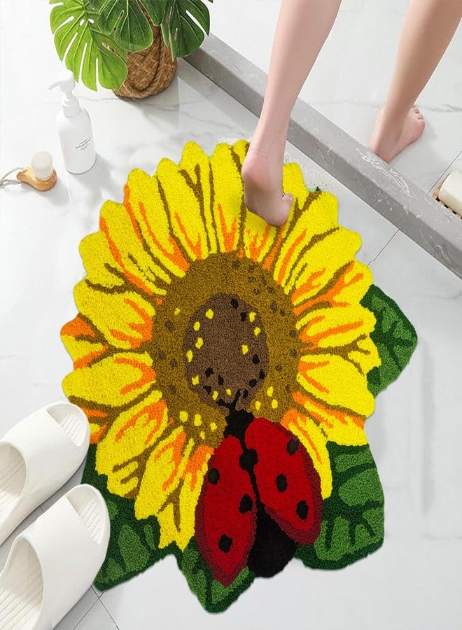 ABREEZE One Sunflower with a Red Ladybird Rug, 28.7"x26.8",Hand-Made Flower Carpet,Doormat, Washable Floor Mat for Bathroom, Bedroom, Kitchen, Entrance Door and Farmhouse - Image 2