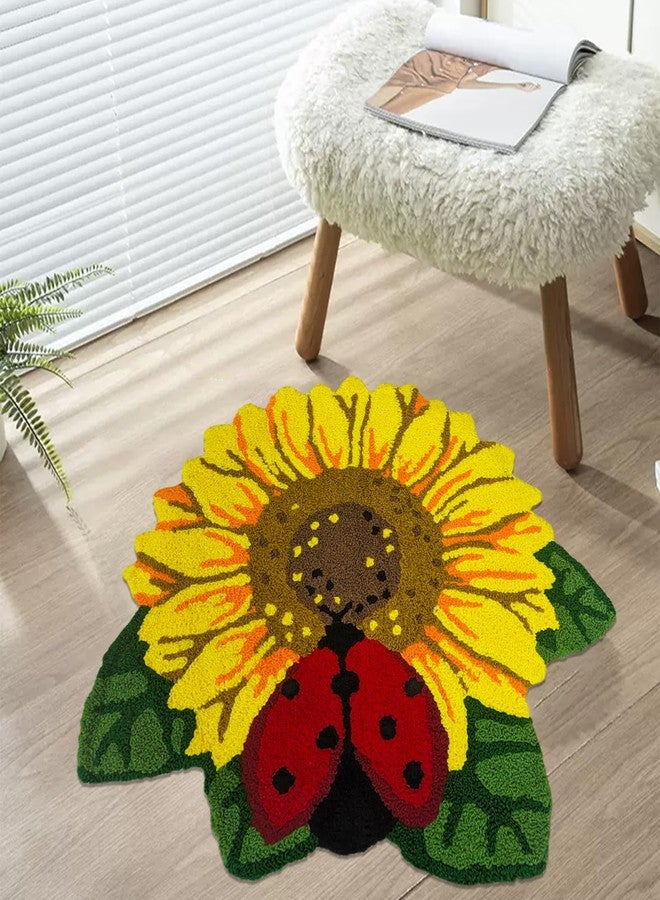 ABREEZE One Sunflower with a Red Ladybird Rug, 28.7"x26.8",Hand-Made Flower Carpet,Doormat, Washable Floor Mat for Bathroom, Bedroom, Kitchen, Entrance Door and Farmhouse - Image 3