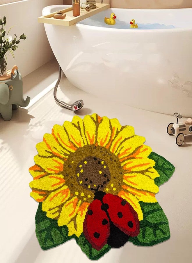 ABREEZE One Sunflower with a Red Ladybird Rug, 28.7"x26.8",Hand-Made Flower Carpet,Doormat, Washable Floor Mat for Bathroom, Bedroom, Kitchen, Entrance Door and Farmhouse - Image 1