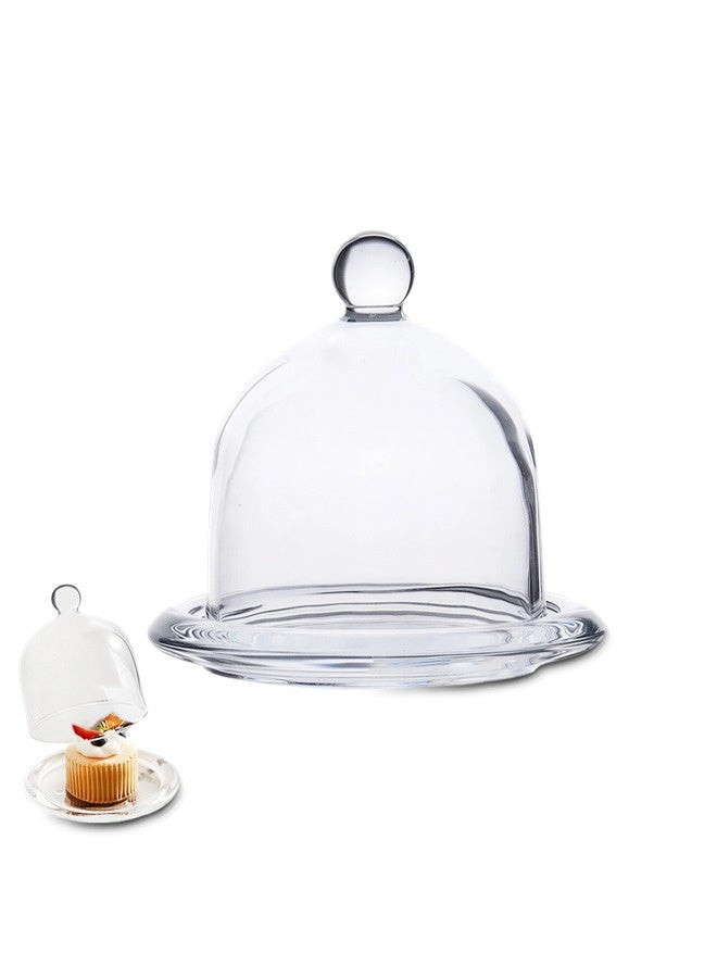 ShebSheb Stylish and Cute Glass Cake Stand with Base, Mini Decorative Cake Tray with Glass Dome Cover, Ideal for Cake and Fruit Display in Kitchen, Parties, and Weddings (3.7×3.7×3.5'') - Image 1