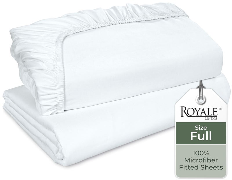 Royale Linens 2 Pack Fitted Sheet  Elastic Sheets  Full Fitted Sheet Only  Soft  Breathable  Brushed 1800 Microfiber  Stain Resistant Hotel Quality Deep Pocket Stretches Up to 16 Full White