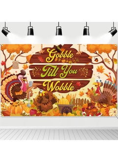 HOWAF Thanksgiving Banner Gobble Till You Wobble Turkey Backdrop Banner, Thanksgiving Day Pumpkin Turkey Maple Leaves Photography Background For Fall Harvest Gobble Theme Party Decorations,72.8×43.3 Inch  - Image 1
