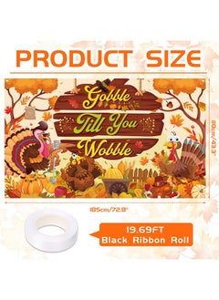 HOWAF Thanksgiving Banner Gobble Till You Wobble Turkey Backdrop Banner, Thanksgiving Day Pumpkin Turkey Maple Leaves Photography Background For Fall Harvest Gobble Theme Party Decorations,72.8×43.3 Inch  - Image 2