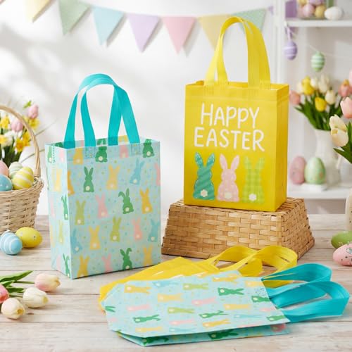 Wovnet 30 Pcs Easter Gift Bags Pastel Colors Easter Bunny Goodie Treat Tote Bags with Handle Reusable Non Woven Rabbit Party Favor Pouch for Spring Party Supplies 10 x 8 x 4in - Image 2