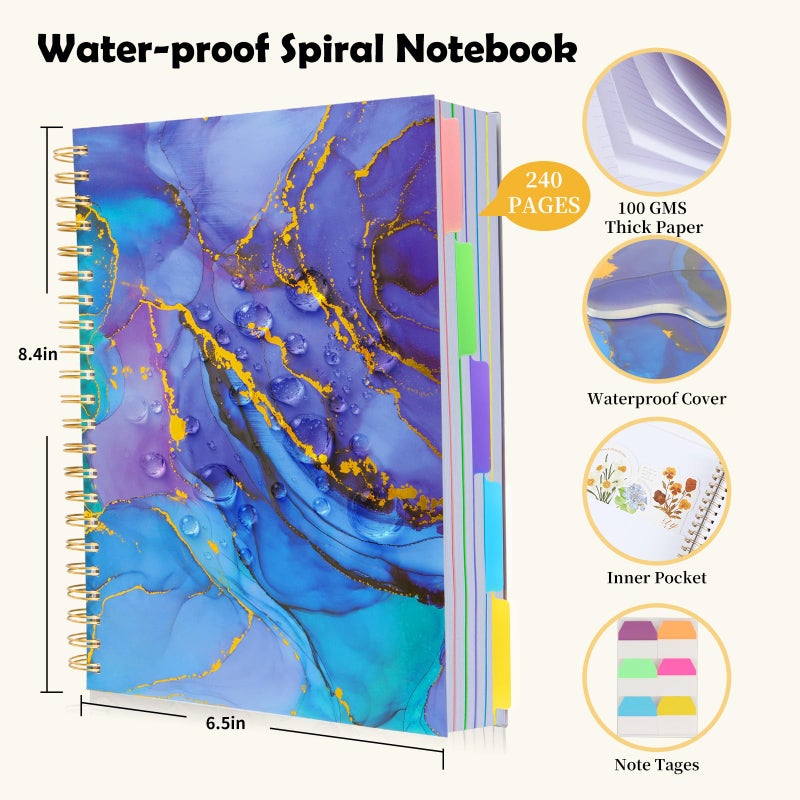 Kutoda 5 Subject Notebook College Ruled, A5 Spiral Notebook with Removable Pocket Dividers Tabs, Lined Organizer Notebook Journal for Women, 240 Pages Notebooks for Work School Note Taking, Purple Marble - Image 2