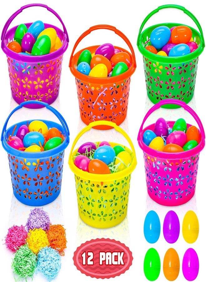 Garma 12 Pack Easter Baskets for kids with 36Pcs Easter Eggs Empty and 60g Easter Grass, Plastic Easter Egg Basket with Handles for Easter Filler Stuffer, Egg Hunt Game, Easter Decorations Party Favors - Image 1