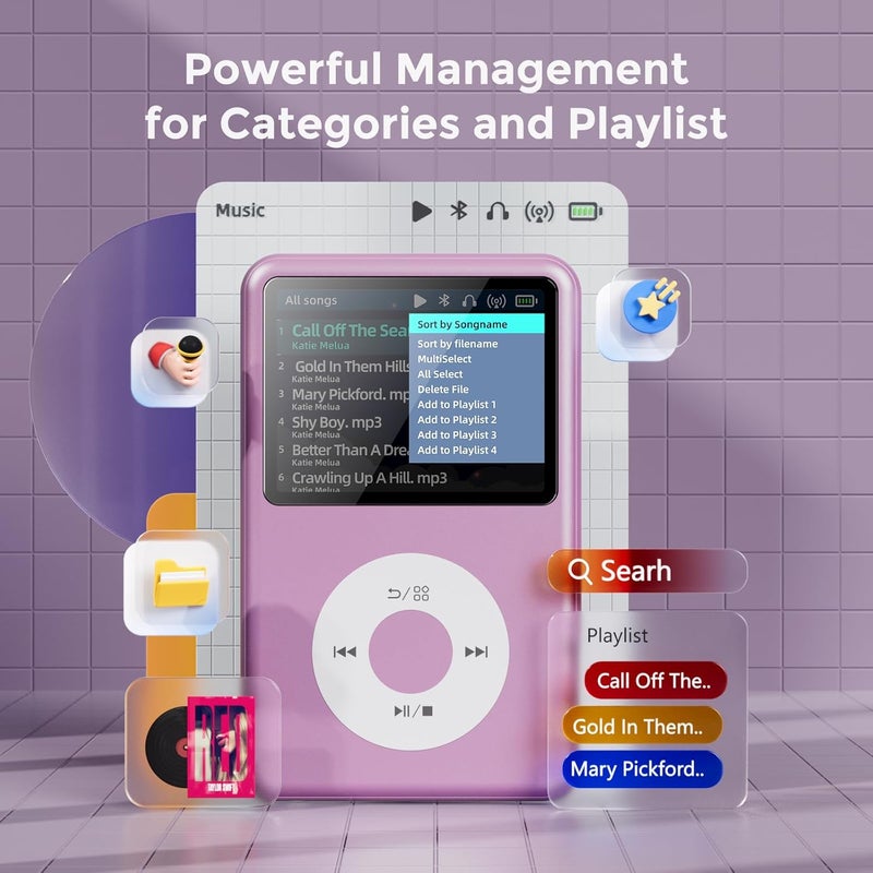 innioasis Mp3 Music Player with Bluetooth 128G Portable Video Digital Music Player Mini HiFi Sound (Purple) - Image 2