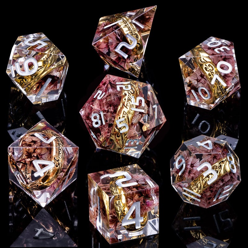 ORIFANTOU Magic Golden Ring DND Dice Set Sharp Edge Resin Dice with Case, Pink Flower Lord D and D Dice for use with D&D RPG Role Playing Games, Polyhedral Dice Set D20 D12 D10 D8 D6 - Image 2