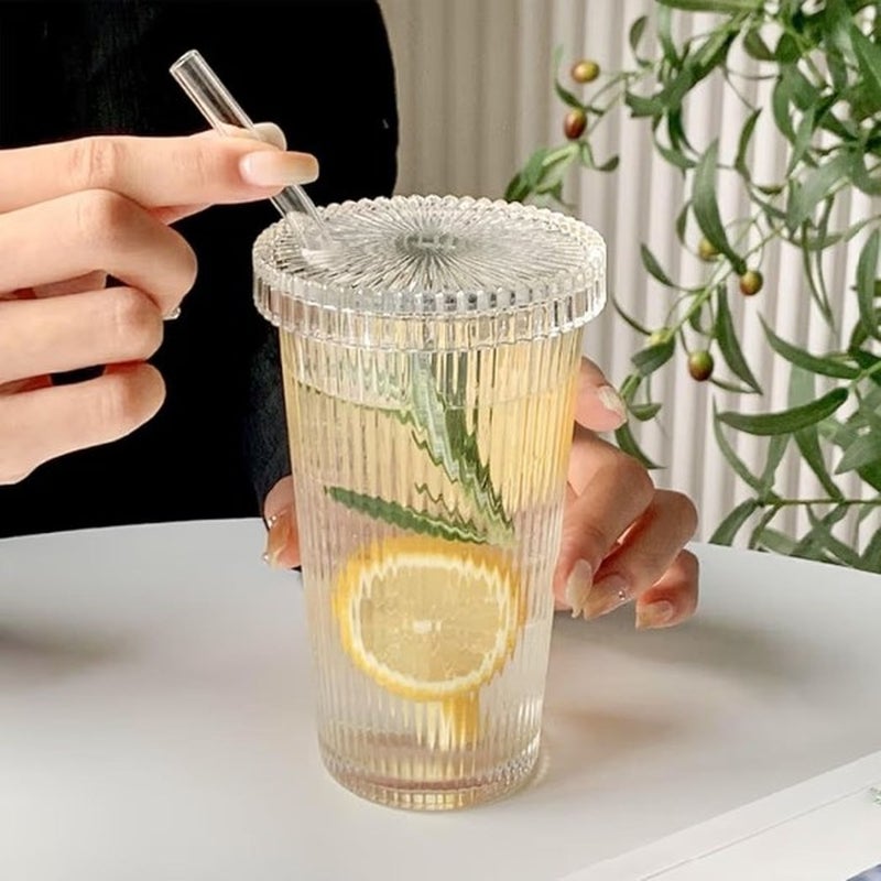 Ribbed Glass Tumbler with Lid and Straw – Aesthetic Clear Glass Cup for Iced Coffee, Juice & Lemonade – Reusable Vintage Style Drinking Glass Gift - Image 2