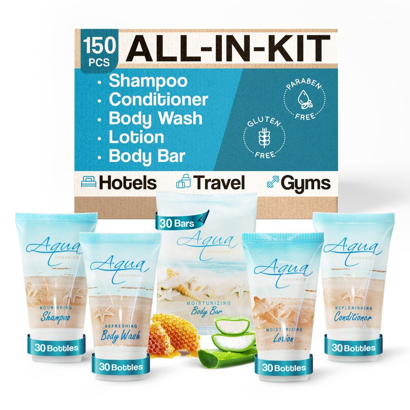 Terra Pure Aqua Organics Hotel Soaps  Toiletries Bulk Set  1Shoppe Amenities Kit  1oz Shampoo  Conditioner Body Wash Lotion 1oz Bar Soap  Travel Size  150 Pieces