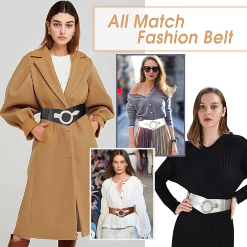 WHIPPY Women Wide Elastic Waist Belt Vintage Wide Stretch Waist Belt Fashion Retro Leather Waistband for Dresses, Silver, S - Image 3