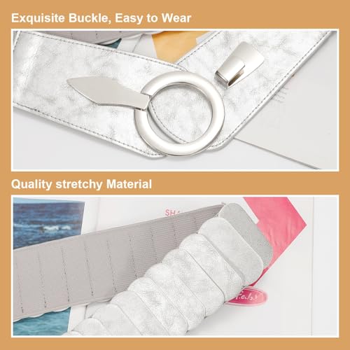WHIPPY Women Wide Elastic Waist Belt Vintage Wide Stretch Waist Belt Fashion Retro Leather Waistband for Dresses, Silver, S - Image 5